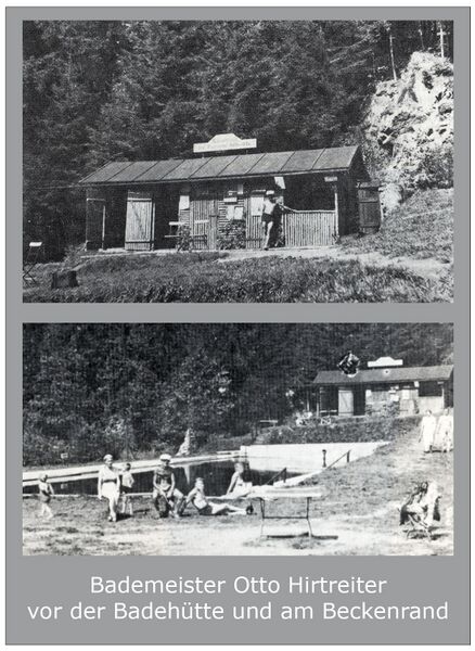 Datei:Waldschwimmbad 1938 Bademeister Otto Hirtreiter bei der Badehuette und am Becken.jpg